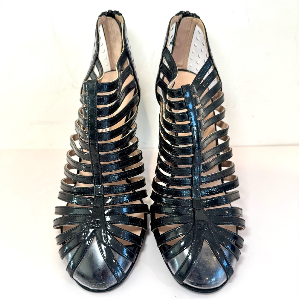 Chanel Black Patent Leather & Clear PVC Cage Block Heel Pumps W CC Logo, Sz 38 - Picture 4 of 13
